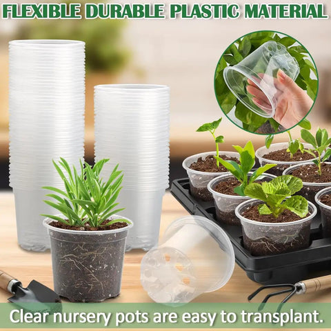 12 Cell Nursery Pot Trays Bundle With 4 Inch Clear Pots 60 Pack, Tough Thick Plastic Seed Starting And Germination Propagation Tray Kit, Black Small Planter For Home Garden, 5 Sets