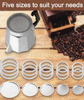 Your Go-To Gear Silicone Gasket And Aluminum Filter Set For Stovetop Espresso Makers 2/3/6/9/12 Cup Rubber Seal For Moka Pot Replacement Parts Easy Install Durable 9 Cup Compatibility Heat Resistant Stove Top Coffee Machine Accessories showing five gasket and filter sizes with a moka pot background.