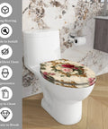 Elongated Resin Toilet Seat for Bathroom on a white toilet, floral design, easy to clean, fits standard sizes.