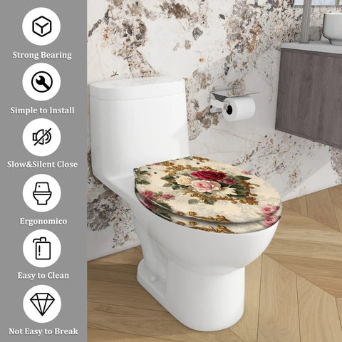 Elongated Resin Toilet Seat for Bathroom on a white toilet, floral design, easy to clean, fits standard sizes.