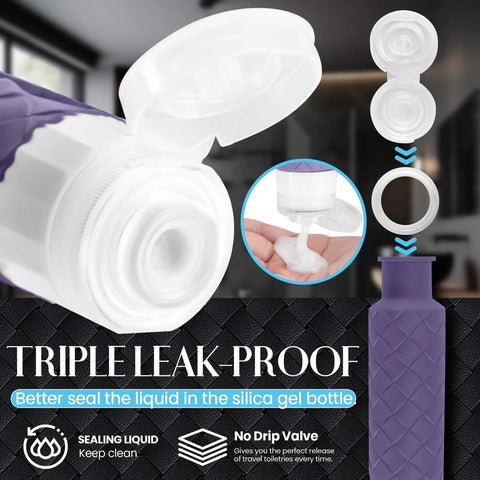 Must Have Carry On Friendly Travel Bottles For Toiletries Set TSA Approved Silicone Containers Leak Proof Refillable 3oz 90ml Ideal For Shampoo And Conditioner BPA Free Compact On The Go Essentials With Clear Zipper Bag open cap showing dispensing feature
