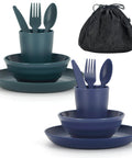 Camping Mess Kit For Two With Plates, Bowls, Cups, Utensils, And Carry Bag; Dark green and blue dining sets with utensils.