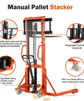 Manual Pallet Stacker With Straddle Legs And Adjustable Forks, 63 Inch Lift Height, 2200 Lb Capacity, Foot Or Handle Operated Hydraulic Lift