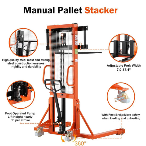 Manual Pallet Stacker With Straddle Legs And Adjustable Forks, 63 Inch Lift Height, 2200 Lb Capacity, Foot Or Handle Operated Hydraulic Lift