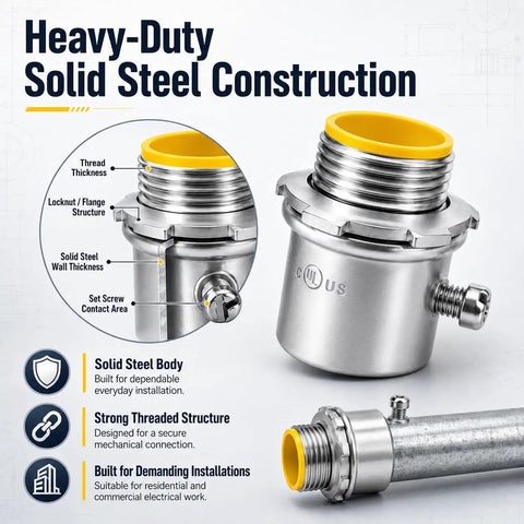 Solid As A Rock 3/4 Inch Emt Conduit Connectors 25 Pack Zinc Plated Set Screw Fittings With Insulated Throat heavy-duty steel construction image.