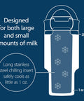 Vacuum Insulated Stainless Steel Baby Formula And Breast Milk Chiller Tumbler With Cooling Insert Keeps Milk Ice Cold On The Go For Parents Riding The Daily Grind Or Hitting The Road In Arctic White, showing size indicators.