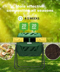 Dual Chamber 43 Gallon Compost Tumbler Bin With Aeration Paddles For Faster Smell Free Backyard Composting Bundled With Pearsons Gardening Gloves For Easy Mess Free Setup In Any Yard front view in garden