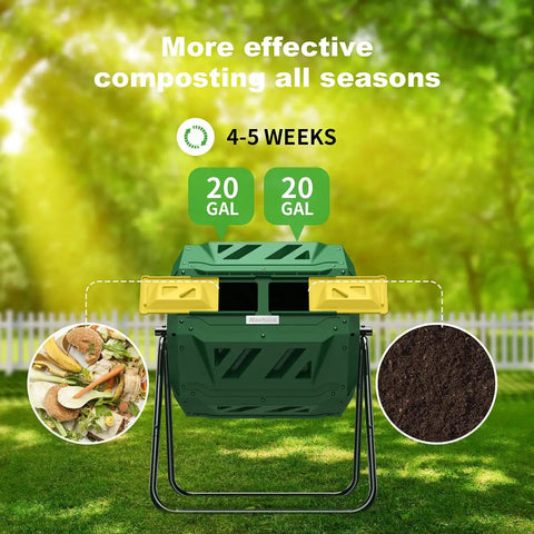 Dual Chamber 43 Gallon Compost Tumbler Bin With Aeration Paddles For Faster Smell Free Backyard Composting Bundled With Pearsons Gardening Gloves For Easy Mess Free Setup In Any Yard front view in garden