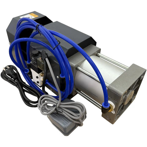 Techtongda Pneumatic Cable Cutter With Foot Pedal 110V Heavy Duty Hydraulic Wire Stripper air compressor with blue tubes and cables.
