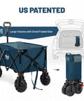 Beast Of A Heavy Duty Collapsible Wagon With Brakes For All Terrain Use, blue utility cart folded and open view, in car trunk.