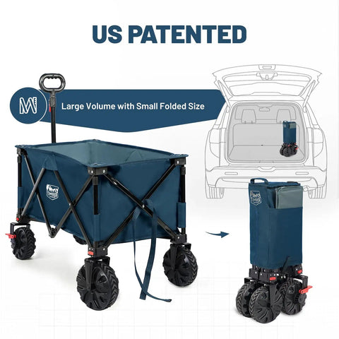 Beast Of A Heavy Duty Collapsible Wagon With Brakes For All Terrain Use, blue utility cart folded and open view, in car trunk.