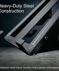 Close-up of black heavy-duty steel construction of circular saw wall mount, highlighting thickened structure for secure storage.