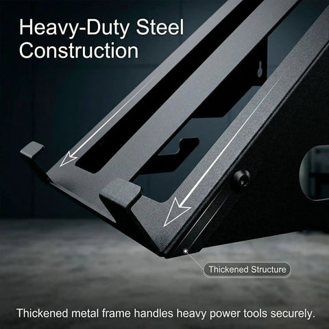 Close-up of black heavy-duty steel construction of circular saw wall mount, highlighting thickened structure for secure storage.
