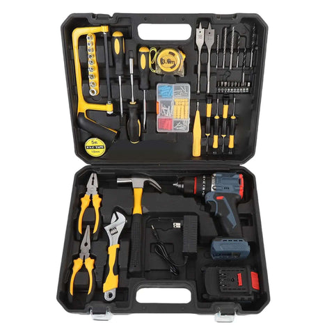Knockout Cordless Drill And Electric Screwdriver Set With Brushless Motor adjustable torque in tool case with various tools.