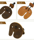 Front, back, and side view of Genuine Leather Archery Finger Tab For Recurve Bow Upgraded Metal Buckle No Slip Guard Comfortable Fit And Durable Release Perfect For Target Shooting Right Handed Archers.