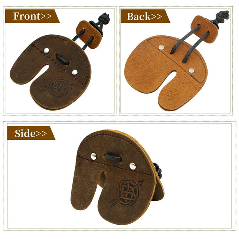 Front, back, and side view of Genuine Leather Archery Finger Tab For Recurve Bow Upgraded Metal Buckle No Slip Guard Comfortable Fit And Durable Release Perfect For Target Shooting Right Handed Archers.