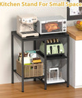 4 Tier Adjustable Kitchen Microwave Stand With Storage and Rustic Metal Bakers Rack in Coal Black with toaster and baskets
