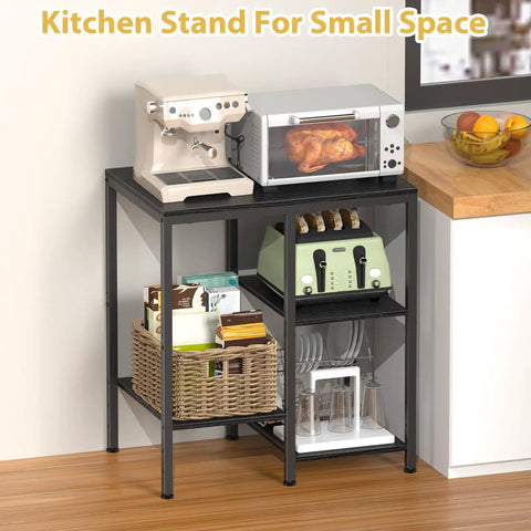 4 Tier Adjustable Kitchen Microwave Stand With Storage and Rustic Metal Bakers Rack in Coal Black with toaster and baskets
