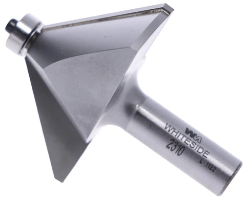 Carbide Tipped 45 Degree Chamfer Router Bit With 1-1/2 Inch Cutting Length, 1-1/16 Inch Cutting Height, 1/2 Inch Shank, And 2-5/8 Inch Large Diameter For Clean Bevels And Precise Edge Profiles showing side view with details on shank