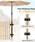Rugged Deck Railing Umbrella Holder Mount For Patio No Fuss Easy Install Adjustable Outdoor Umbrella Bracket Attaches To Rail Three Screw Secure Fit Heavy Duty Steel Rust Resistant Space Saving Design Fits Poles From 1.0 To 1.77 Inches shown on wooden deck railing with umbrella