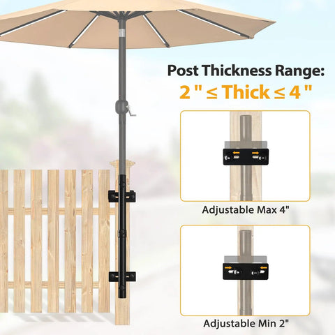 Rugged Deck Railing Umbrella Holder Mount For Patio No Fuss Easy Install Adjustable Outdoor Umbrella Bracket Attaches To Rail Three Screw Secure Fit Heavy Duty Steel Rust Resistant Space Saving Design Fits Poles From 1.0 To 1.77 Inches shown on wooden deck railing with umbrella