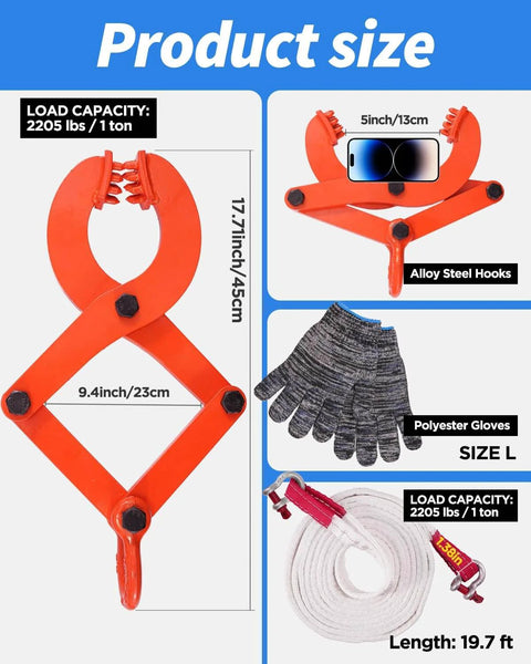 Industrial Heavy Duty Pallet Puller Clamp Kit 1 Ton 2205 Lbs For Forklifts And Trucks with steel hooks, gloves, and strap