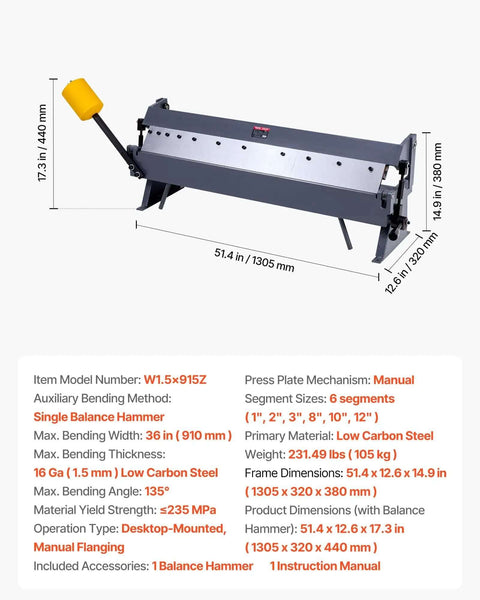 Box And Pan Brake 36 Inch Sheet Metal Bending Tool With 16 Gauge Mild Steel Capacity and Six Fingers, front view with dimensions