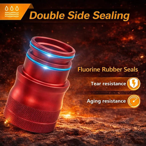 Close-up of red metal wheel bearing grease tool with blue dual seals and knurled base.
