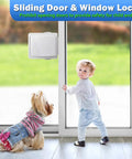 Child and dog by sliding glass door secured with Easy Install Sliding Glass Door Lock For Child Safety And Pet Proofing, One Pack.