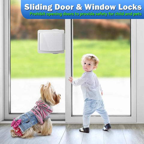 Child and dog by sliding glass door secured with Easy Install Sliding Glass Door Lock For Child Safety And Pet Proofing, One Pack.