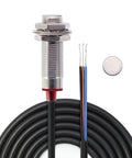 Top Tier Industrial Hall Effect M12 Proximity Switch Npn Three Wire Normally Closed With Sweet Ten Millimeter Detection Range and Six To Thirty Six Vdc Power For Kickass Automation Builds shown with connecting wires and a sensing target.