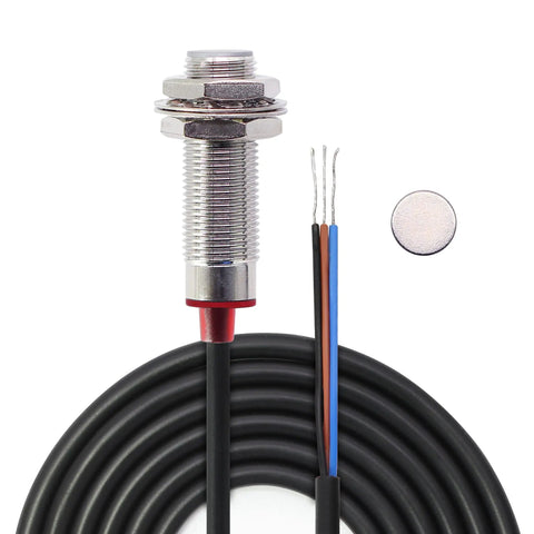 Top Tier Industrial Hall Effect M12 Proximity Switch Npn Three Wire Normally Closed With Sweet Ten Millimeter Detection Range and Six To Thirty Six Vdc Power For Kickass Automation Builds shown with connecting wires and a sensing target.
