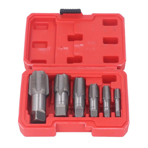NPT Tap Set Six Piece Carbon Steel Pipe Threading Kit For Auto Shop Fixes Includes One Inch, Three Quarter Inch, One Half Inch, Three Eighth Inch, One Quarter Inch, One Eighth Inch Taps For Clean Starts, Precise Threads And Dependable Threading. six carbon steel taps in red case