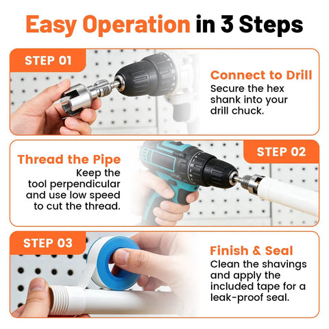 Easy operation steps for Rock Solid 4 In 1 PVC Pipe Threader Tool for 1/2 and 3/4 inch pipes and sealing.