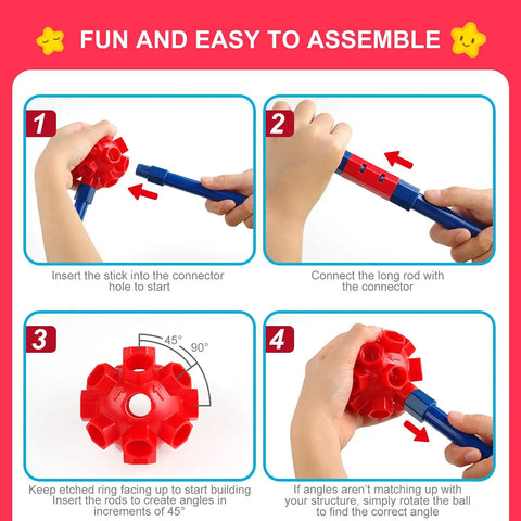 Step-by-step assembly guide for Creative Fort Building Kit For Kids STEM Construction Toys With 140 Pieces 30 Magic Balls 64 Long Rods 46 Connectors Indoor And Outdoor Epic Creative Set For Boys And Girls Ages 4 5 6 7 8 9 10 11 12.