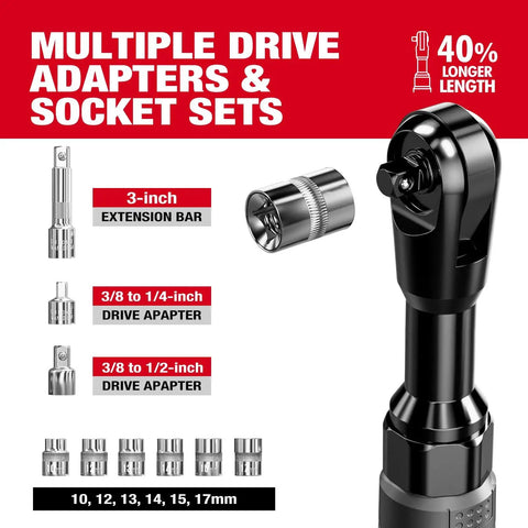 Cordless Three Eighths Inch Ratchet Wrench Set With Extended Head For Tight Spots shown with multiple drive adapters and socket sets