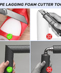 Multi Size Pipe Insulation Cutting Guide Kit With Molded Foam Cutter Tool Set For 15mm To 53mm Insulation Diameters Perfect For Home Industrial And Commercial Plumbing Jobs Includes Bonus 59 Inch Tape Measure Green in use showing proper and improper cut methods on foam pipe insulation.