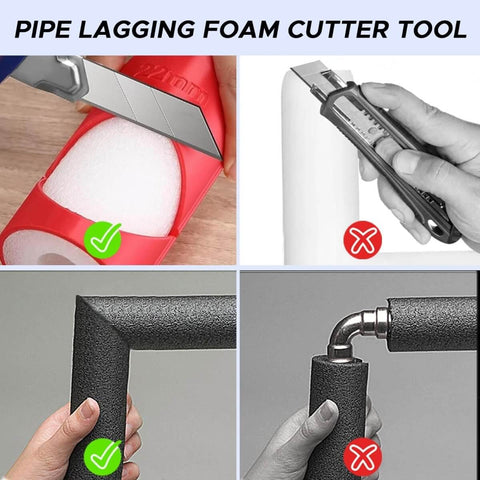 Multi Size Pipe Insulation Cutting Guide Kit With Molded Foam Cutter Tool Set For 15mm To 53mm Insulation Diameters Perfect For Home Industrial And Commercial Plumbing Jobs Includes Bonus 59 Inch Tape Measure Green in use showing proper and improper cut methods on foam pipe insulation.