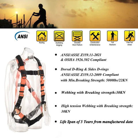 Built Tough Industrial Fall Protection Safety Harness Kit With 3D Rings, Double Leg Design, 6 Foot Shock Absorber Lanyard, ANSI Compliant Personal Fall Arrest System PFAS for Construction, Roofing, Window Cleaning and Other Worksite Tasks