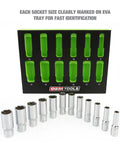 Twelve-piece metric socket set 8mm to 19mm with deep well sockets arranged in EVA foam tray, OEM Tools logo