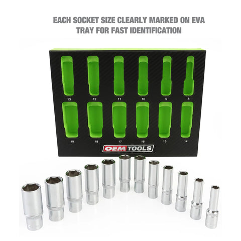 Twelve-piece metric socket set 8mm to 19mm with deep well sockets arranged in EVA foam tray, OEM Tools logo