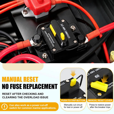 Slick 60 Amp Marine Circuit Breaker Replacement installed with wiring showing manual reset features for safety on 12-48V systems.