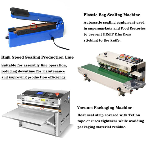 Plastic bag sealing machine and vacuum packaging equipment with high temperature PTFE fabric tape for insulation and sealing.