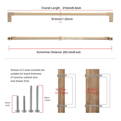 Dimensions of 5 Pack Classic Solid Cabinet Handles In Champagne Bronze, 8 Inch (203 Mm) Screw Spacing, Strong Zinc Alloy Hardware