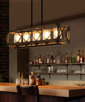 Rectangle Wood And Metal Pendant Light For Kitchen Island Chandelier With Black Finish over bar area