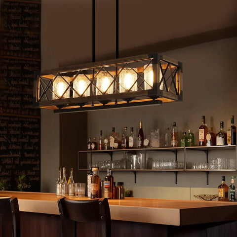 Rectangle Wood And Metal Pendant Light For Kitchen Island Chandelier With Black Finish over bar area