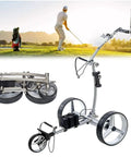 Portable Electric Golf Cart With Wireless Remote, Folding Stainless Steel Push Trolley, shown with foldable design and large wheels.