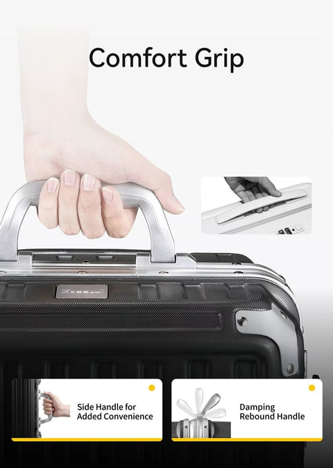 Close-up of top handle on 20-inch charcoal metallic polycarbonate carry-on luggage with aluminum frame.