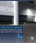 Heavy Duty LED Flood Lights Outdoor Four Pack No Fuss 3CCT Dimmable Security Lighting With Integrated Dusk To Dawn Sensor shown on wall.