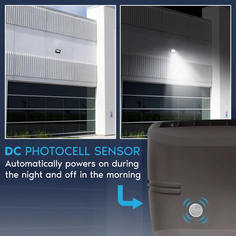 Heavy Duty LED Flood Lights Outdoor Four Pack No Fuss 3CCT Dimmable Security Lighting With Integrated Dusk To Dawn Sensor shown on wall.